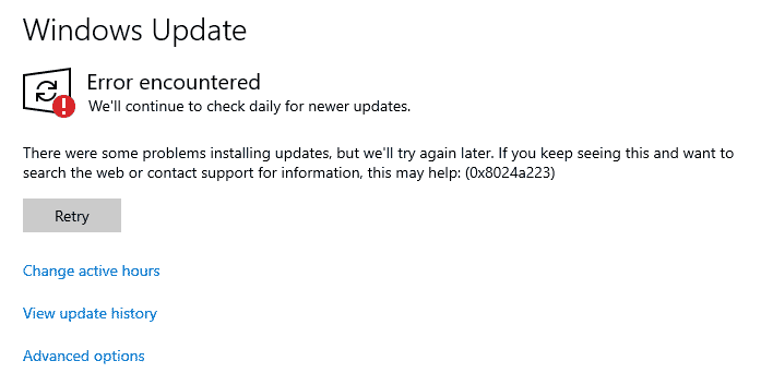 Ошибка Центра обновления Windows 0x8024a223
